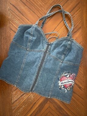 Harley-Davidson Blue Denim Zip-Front Bustier with Embroidered Heart Patch